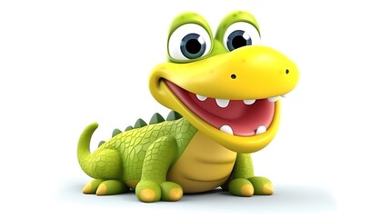 Fototapeta premium This is a 3D rendering of a cute and happy cartoon crocodile. The crocodile is sitting on a white background and has a big smile on its face.