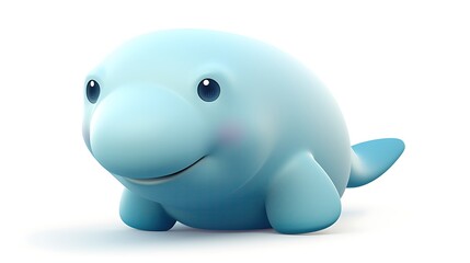 Cute and cuddly blue cartoon manatee. It has big blue eyes, a pink blush on its cheeks, and a friendly smile. It is sitting on a white background.