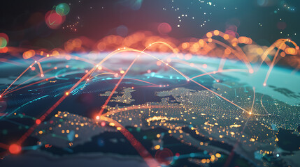 Global business network with world map and connecting flight paths