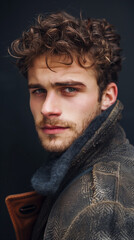 Portrait of a young man with brown curly hair and a beard wearing a brown jacket and scarf
