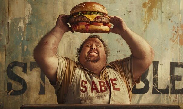 The fattest fat guy in a T-shirt with big letters STABLE, holding a huge hamburger in his hands above his head