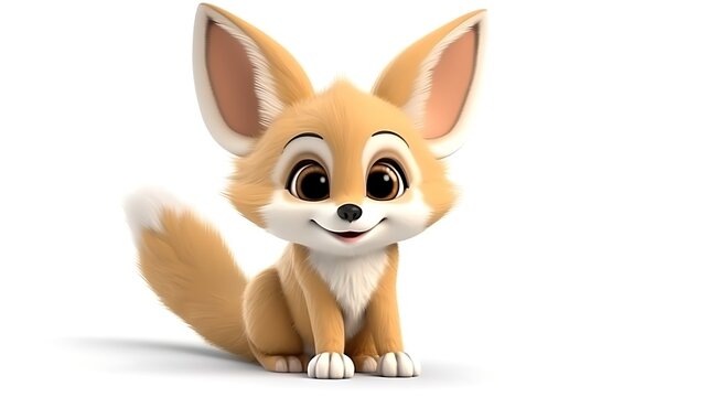 Cute cartoon fennec fox sitting down isolated on white background 3D rendering