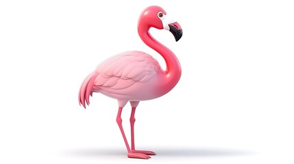 Fototapeta premium A pink flamingo standing on one leg in a white background. The flamingo is looking to the left of the frame.