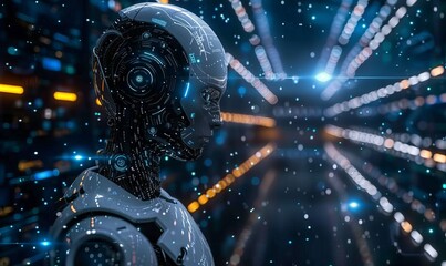 The robot is surrounded by many glowing lines and dots, giving the impression of a futuristic, high-tech environment.