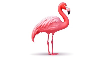 Fototapeta premium A beautiful pink flamingo stands on one leg in the water. The flamingo is looking to the right of the frame. The background is white.