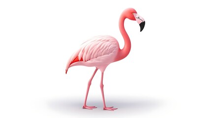 Fototapeta premium A beautiful pink flamingo stands on a white background. The flamingo is looking to the right of the frame.