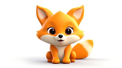 Obraz premium Cute cartoon fox. 3D rendering of a fluffy red fox with big eyes and a bushy tail. Isolated on white background.