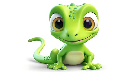 A cute green lizard with big eyes is sitting on a white background. The lizard has a friendly smile on its face and is looking at the viewer.