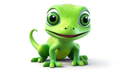 A cute green lizard with big eyes is sitting on a white background. The lizard has a friendly smile on its face and is looking at the viewer.