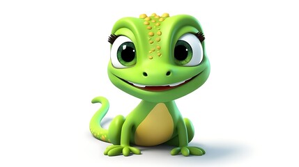 Fototapeta premium Cute green lizard with big eyes and a friendly smile. Perfect for children's books, games, and animations.