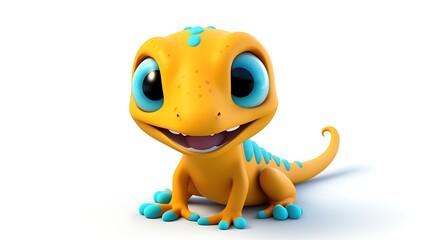 Cute and colorful 3D rendering of a happy cartoon gecko with big blue eyes and a bright orange body.