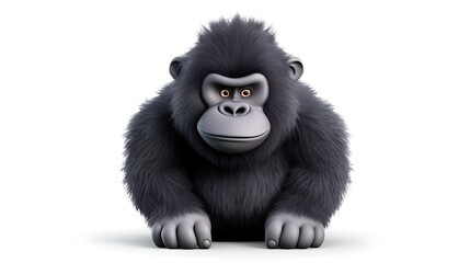 Fototapeta premium A cute and cuddly gorilla sits on a white background. The gorilla has big brown eyes, a friendly smile, and is covered in soft, black fur.
