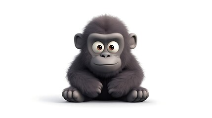 A cute and cuddly baby gorilla sits on a white background. The gorilla has big brown eyes, a small nose, and a friendly smile.