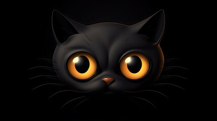 A cute black cat with big round yellow eyes is looking at the camera. The cat is in the dark, but...