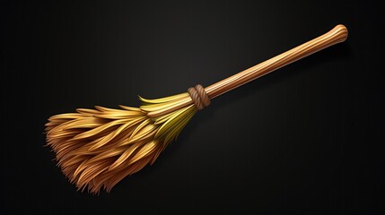 The image is a 3D rendering of a witch's broom. The broom has a long, wooden handle and a straw broom head.