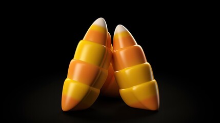 Fototapeta premium 3D render of a pair of candy corns on a black background. The candy corns are arranged in a V shape, with the tips of the candies touching.