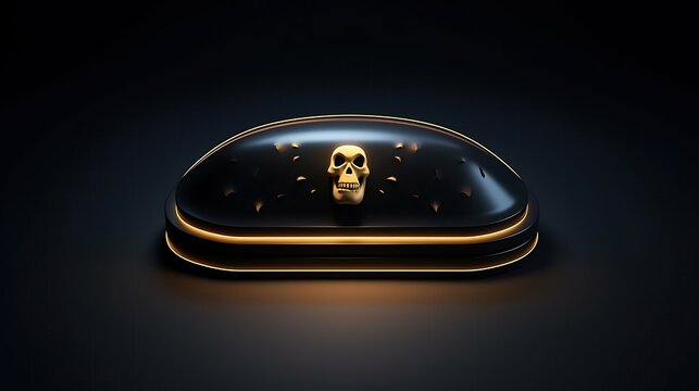 3D rendering of a skull on a pedestal with a glowing yellow outline. The skull is made of gold and has a realistic texture.