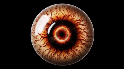 A 3D eyeball with red veins. The eyeball is looking at the viewer. The eyeball is on a black background.