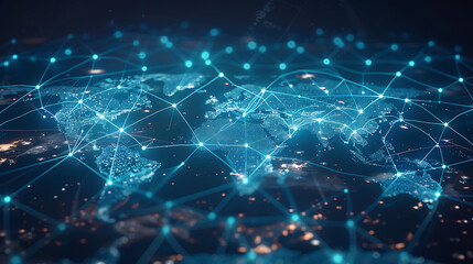 Global business network with world map and connecting flight paths