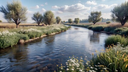 Masterpiece, A small river that flows from left to right, the wind is faintly ruffling the grass on the banks of the river, the banks of the river are overgrown with beautiful willows and shrubs, ther