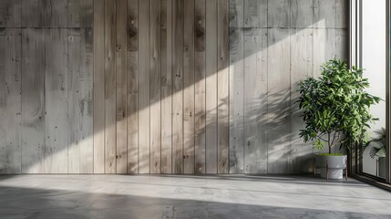 minimalist empty room with concrete walls and wooden paneling interior background photo