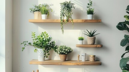 minimalist interior design with brown wooden floating shelves and green potted plants lifestyle photo