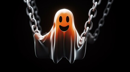 3D rendering of a cute ghost swinging on a chain. The ghost has a friendly smile on its face.
