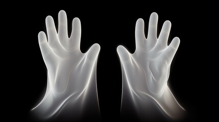 A pair of white, translucent gloves are shown in a 3D rendering. The gloves are form-fitting and have a smooth, matte finish.