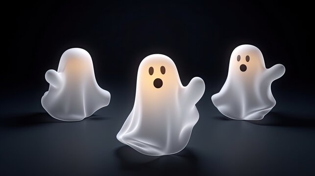 3D rendering of three cute ghosts. The ghosts are white and have a surprised expression on their faces. They are all looking at the viewer.