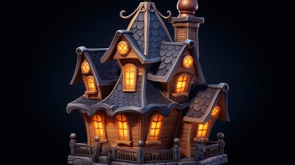 Fototapeta premium A 3D rendering of a cartoon haunted house. The house has a dark brown roof and walls with glowing yellow windows.