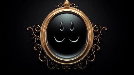 Fototapeta premium 3D rendering of a happy face in a golden frame. The face is made of black glass and the frame is made of gold.