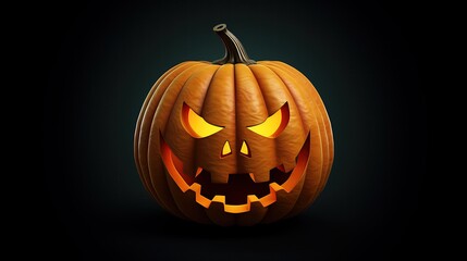 This is a 3D rendering of a jack-o-lantern. It has a carved face with a smile and two teeth. It's lit from the inside, and there's a dark background.