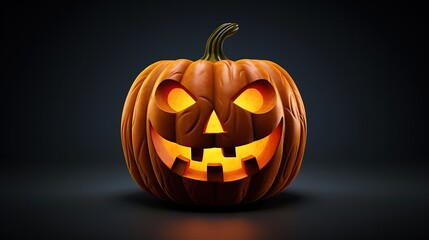 Obraz premium This is a 3D rendering of a jack-o-lantern. It has a carved face with a smile and two teeth. It's lit by a candle inside. The background is black.