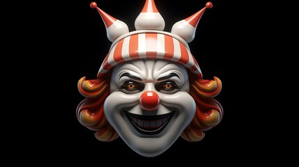 3D rendering of a creepy clown face with a red and white striped hat. The clown has yellow eyes, a red nose, and a wide, sinister smile.