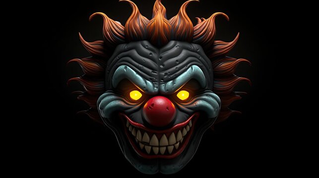 3D rendering of a creepy clown face with glowing yellow eyes, sharp teeth, and a red nose.
