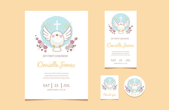 First communion invitation stationery set, cute holy spirit illustration