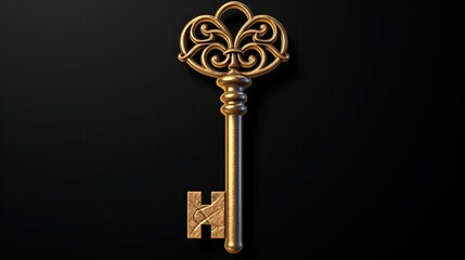 3D rendering of a gold vintage key with ornate flourishes on a black background.