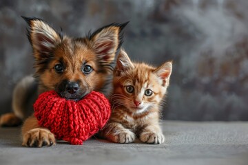 Obraz premium A cute kitten and puppy with a paper heart in its paws on a grey background with a copy of the space
