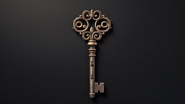 The image is a 3D rendering of a vintage key. The key is made of metal and has a detailed design. The key is on a black background.