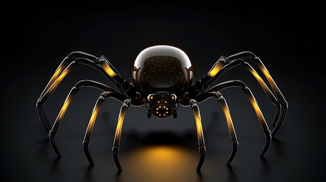 3D rendering of a shiny black and yellow spider with glass-like body isolated on black background.