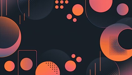 Abstract background vector with a dark navy blue, orange and pink shapes, circles and squares, with black color gradients, shapes on the right side