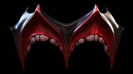 3D rendering of a pair of vampire fangs. The fangs are made of a smooth, reflective material and are set in a realistic, fleshy mouth.