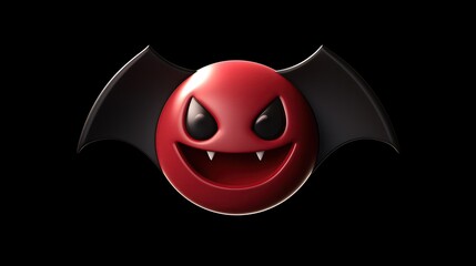 3D rendering of a red vampire emoji with black bat wings. The emoji has a happy expression on its face and is smiling with its sharp teeth showing.