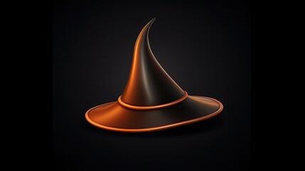Fototapeta premium 3D rendering of a witch hat. The hat is black and has a tall, pointed crown. The brim of the hat is wide and has a slight curve.