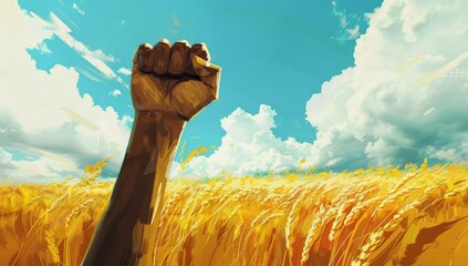 A man's fist is raised in the air in a field of tall golden wheat. Generate AI image