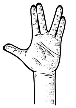 recommend clip art: Vulcan salute hand gesture line art sketch engraving PNG illustration. T-shirt apparel print design. Scratch board imitation. Black and white hand drawn image.