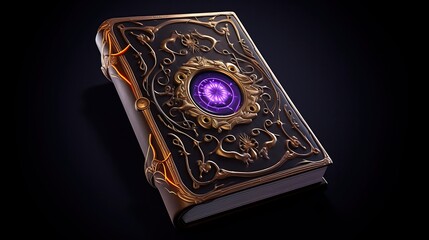 An ancient book of magic with a glowing purple gem on the cover. The book is made of black leather with gold accents and has a metal clasp.