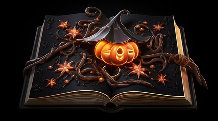 A dark and mysterious book with a glowing pumpkin on the cover. The pumpkin is carved with a face and has a witch's hat on top of it.