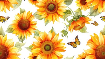 Colorful Sunflowers and Butterflies Seamless Pattern on White Background