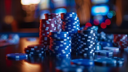 Close-up image of stacked casino chips in various colors. Vibrant poker game scene. Online casino